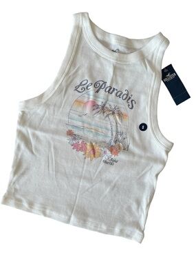 Hollister White Ribbed Graphic Tank